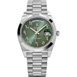Rolex Day-Date 40 watch, Silver-Tone stainless steel case, Green Dial with Arabic Numerals, President bracelet, 40mm.