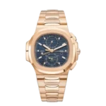 Patek Philippe Nautilus 5740/1G Perpetual Calendar watch, Octagonal Rose Gold-Tone case, Blue dial with three sub-dials, integrated Rose Gold-Tone bracelet, 40mm.
