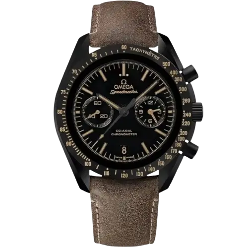 Omega Speedmaster Chronograph watch, 43mm, Black Dial with sub-dials, Black Tachymeter bezel, Brown Genuine Leather strap, Quartz Movement.
