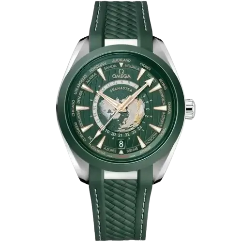 Omega Seamaster Master Chronometer watch, Stainless Steel case, Green Dial with globe motif, Green Silicon/Rubber strap, 43mm.