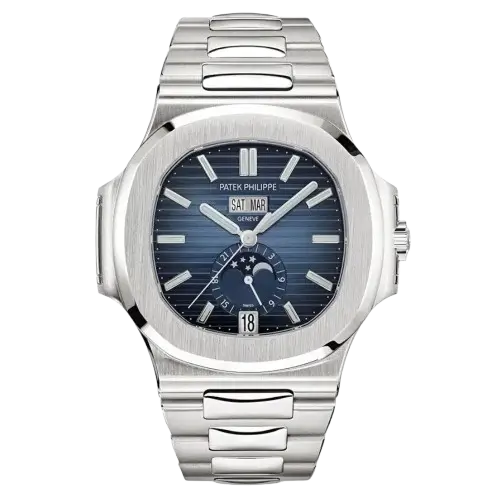 ساعة باتيك فيليب نوتيلوس 5726-1A تقويم سنوي، علبة فولاذية، ميناء أزرق مع فتحات (Apertures) لليوم والشهر وأطوار القمر، سوار مدمج، 40 ملم. ساعة باتيك فيليب نوتيلوس 5726-1A تقويم سنوي، علبة فولاذية، ميناء أزرق مع فتحات (Apertures) لليوم والشهر وأطوار القمر، سوار مدمج، 40 ملم.