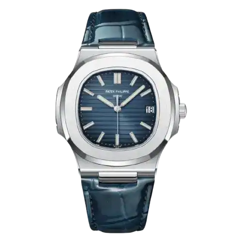 Patek Philippe Nautilus watch, Steel case, Dark Blue Dial, Blue Genuine Leather integrated strap, 40mm.