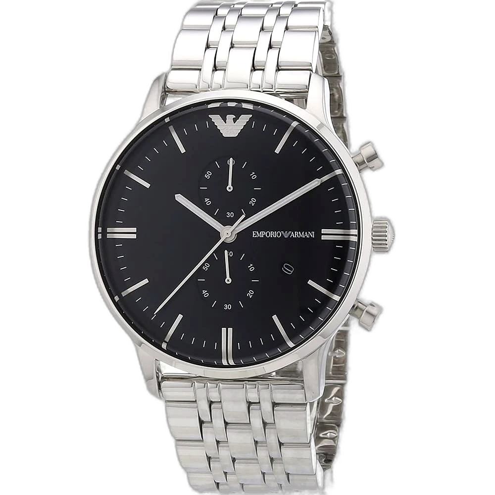 Emporio Armani AR0389 Watch with Black Dial and Silver Stainless Steel Bracelet