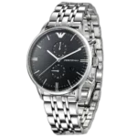 Emporio Armani AR0389 Watch with Black Dial and Silver Stainless Steel Bracelet