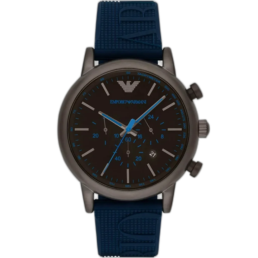 "Emporio Armani Luigi AR11023 men's chronograph watch with a black dial and a blue rubber strap."