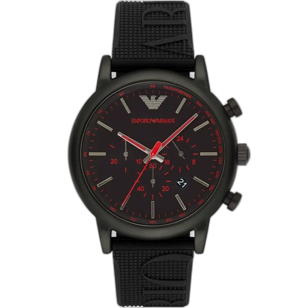 "Emporio Armani Luigi XLarge AR11024 men's chronograph watch with a black dial and a black rubber strap."