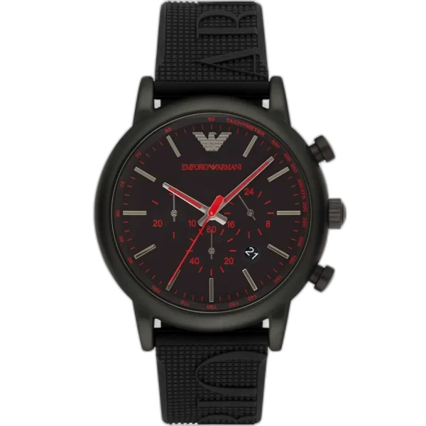 "Emporio Armani Luigi XLarge AR11024 men's chronograph watch with a black dial and a black rubber strap."