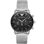 "Emporio Armani Aviator AR11104 men's watch with a black dial and a silver-toned stainless steel strap."