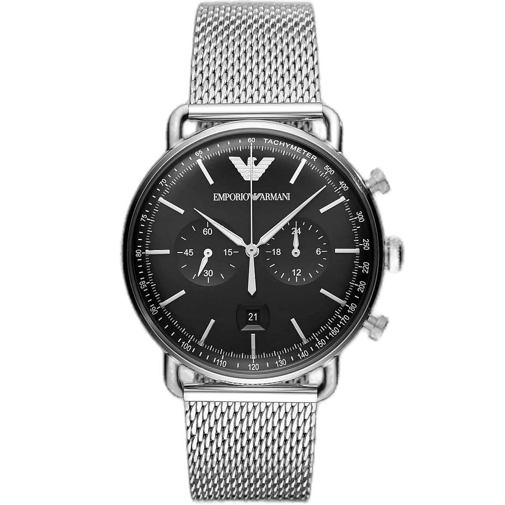 "Emporio Armani Aviator AR11104 men's watch with a black dial and a silver-toned stainless steel strap."