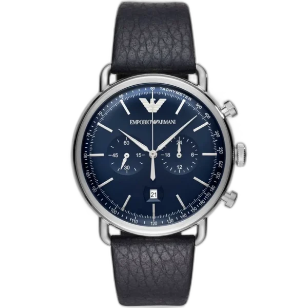 "Emporio Armani Aviator AR11105 men's watch with a blue dial and a black genuine leather strap."