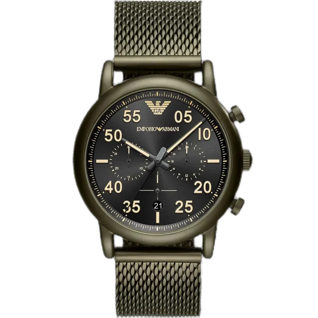 "Emporio Armani Luigi Slim AR11115 men's chronograph watch with a black dial and a green mesh stainless steel strap."