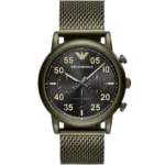 "Emporio Armani Luigi Slim AR11115 men's chronograph watch with a black dial and a green mesh stainless steel strap."