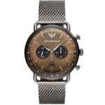 Emporio Armani Aviator AR11141 men's watch with a brown dial and a grey stainless steel strap.