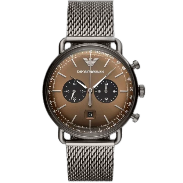 Emporio Armani Aviator AR11141 men's watch with a brown dial and a grey stainless steel strap.