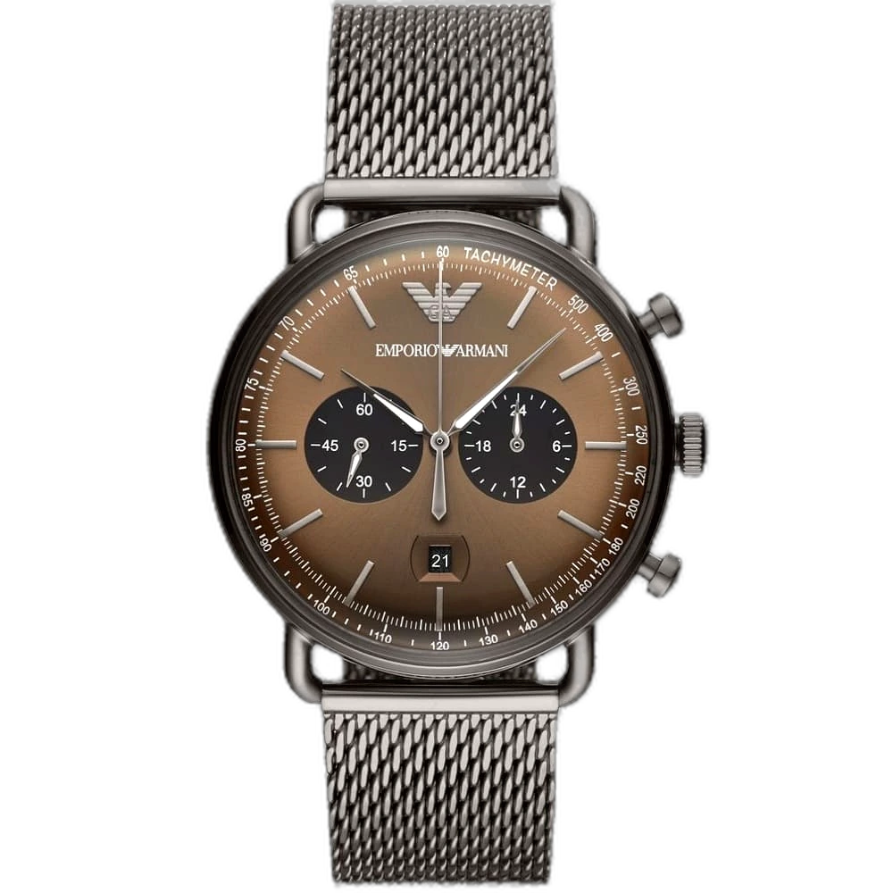 Emporio Armani Aviator AR11141 men's watch with a brown dial and a grey stainless steel strap.