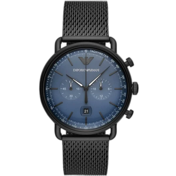 Emporio Armani Aviator AR11201 men's watch with a blue dial and a black leather strap.