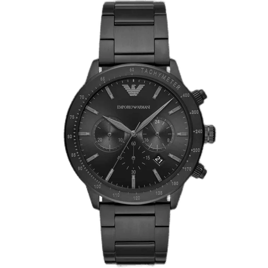 ساعة امبوريو ارماني ماريو AR11242 للرجال، بتصميم أسود بالكامل من الستانلس ستيل.