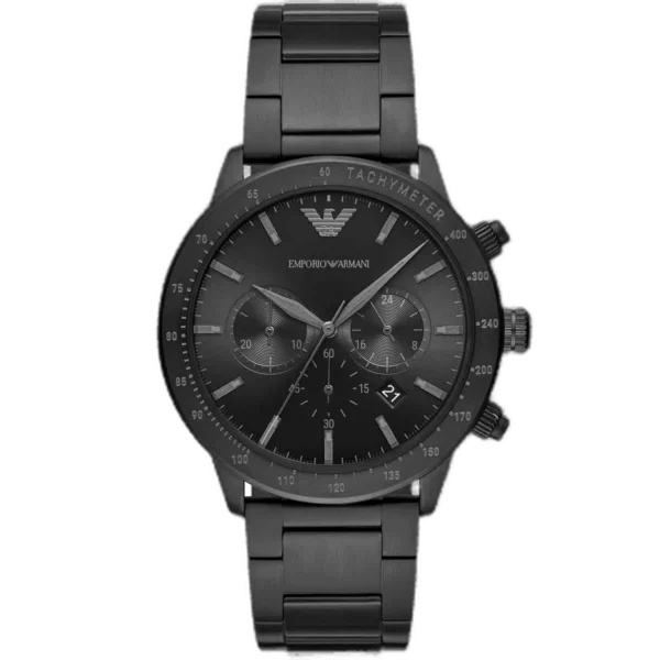 Emporio Armani Mario AR11242 men's watch with an all-black stainless steel case and strap.