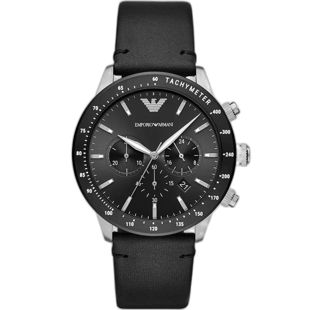 Emporio Armani Mario AR11243 men's chronograph watch with a black dial and a black leather strap.