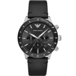 Emporio Armani Mario AR11243 men's chronograph watch with a black dial and a black leather strap.