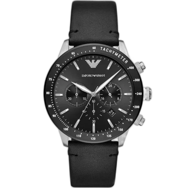 Emporio Armani Mario AR11243 men's chronograph watch with a black dial and a black leather strap.