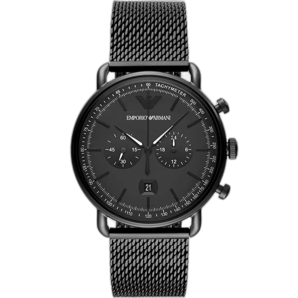 ساعة امبوريو ارماني أفياتور AR11264 للرجال، بتصميم أسود بالكامل من الستانلس ستيل.