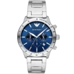 Emporio Armani Mario AR11306 men's chronograph watch with a blue dial and a silver-toned stainless steel strap.