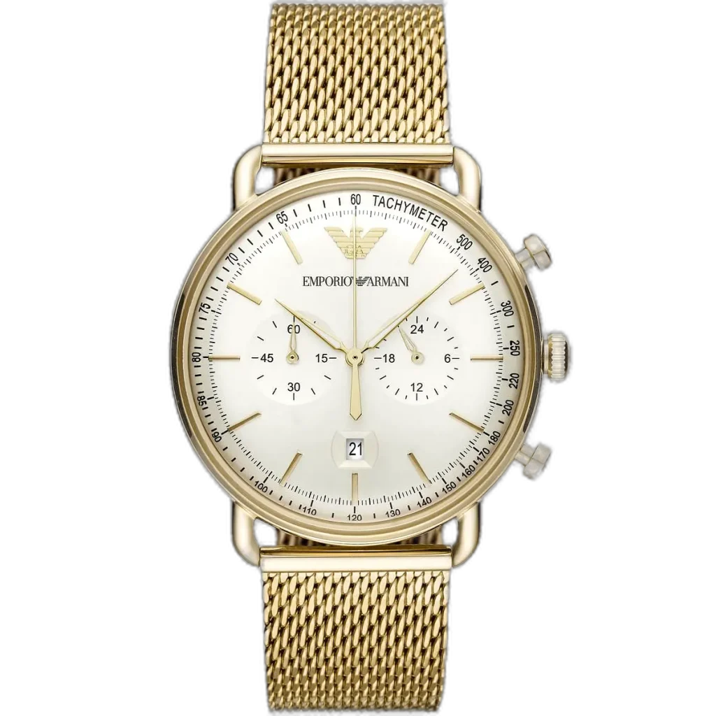 Emporio Armani Aviator AR11315 men's watch with a white dial and a gold-toned stainless steel strap.