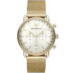 Emporio Armani Aviator AR11315 men's watch with a white dial and a gold-toned stainless steel strap.