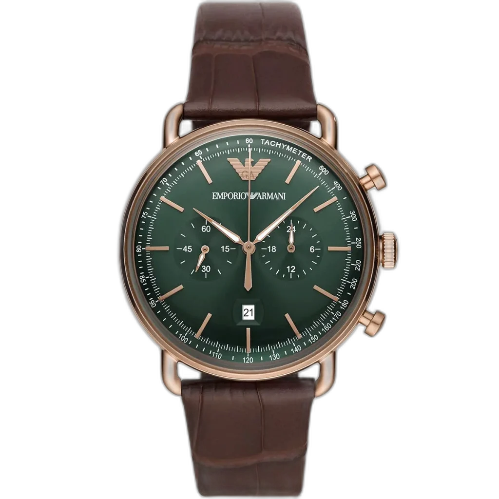 "Emporio Armani Aviator AR11334 men's chronograph watch with a green dial and a brown genuine leather strap."