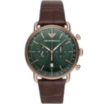 "Emporio Armani Aviator AR11334 men's chronograph watch with a green dial and a brown genuine leather strap."