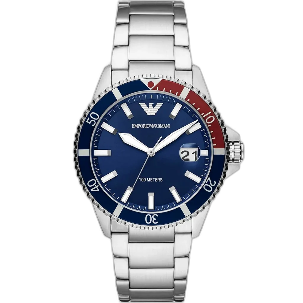 ساعة امبوريو ارماني دايفر AR11339 للرجال، بمينا زرقاء وسوار من الستانلس ستيل باللون الفضي.