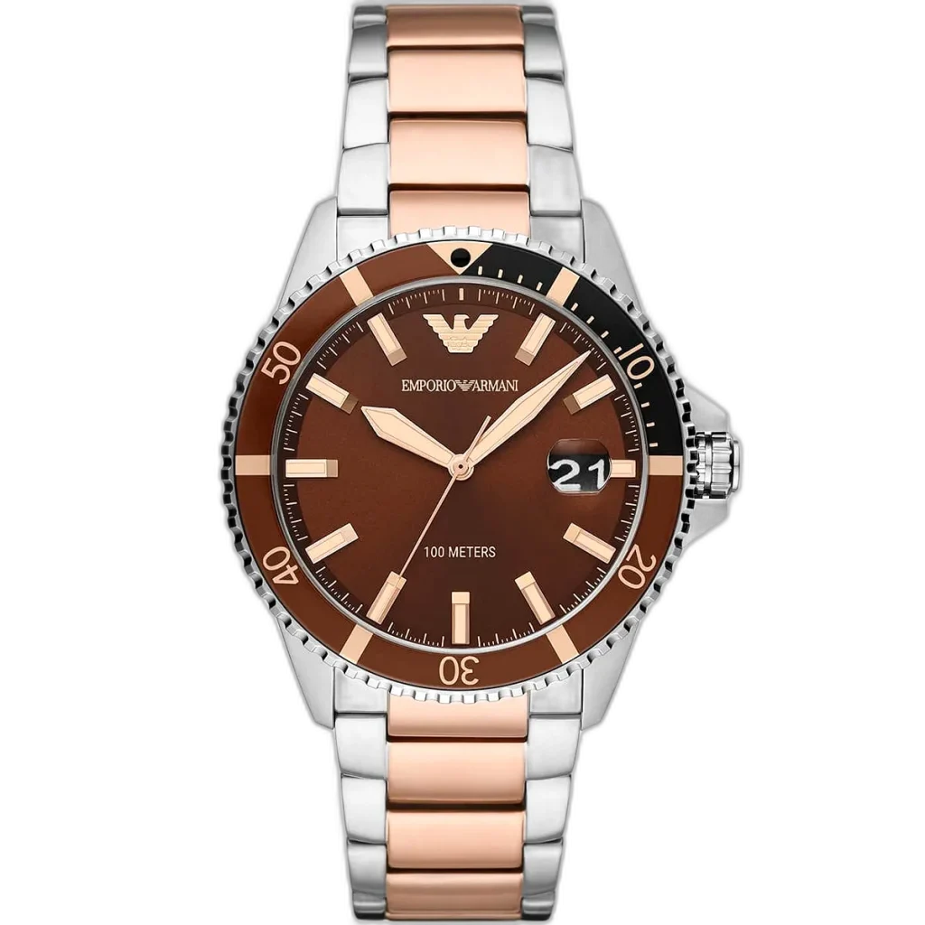 Emporio Armani Diver AR11340 men's watch with a brown dial and a two-toned silver and copper stainless steel strap.