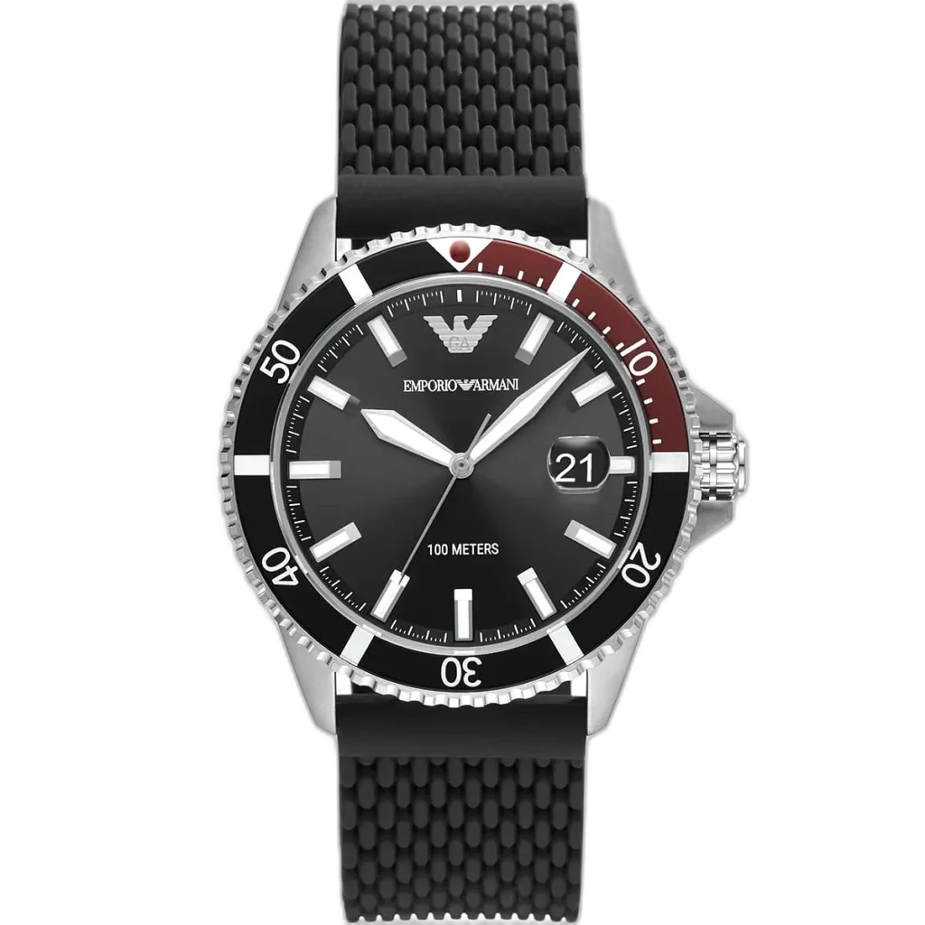 Emporio Armani Diver AR11341 men's watch with an all-black dial and a black rubber strap.