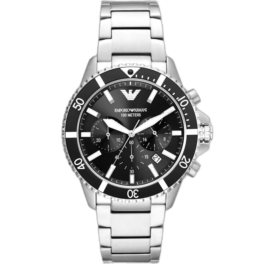 Emporio Armani Diver AR11360 men's chronograph watch with a black dial and a silver-toned stainless steel strap.