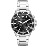 Emporio Armani Diver AR11360 men's chronograph watch with a black dial and a silver-toned stainless steel strap.