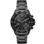 Emporio Armani Diver AR11363 men's chronograph watch with an all-black stainless steel case and strap.