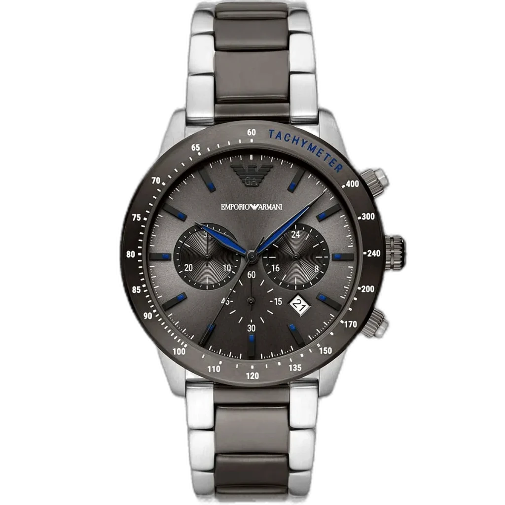 Emporio Armani Mario AR11391 men's chronograph watch with a gray dial and a two-toned silver and gray stainless steel strap.