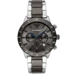 Emporio Armani Mario AR11391 men's chronograph watch with a gray dial and a two-toned silver and gray stainless steel strap.
