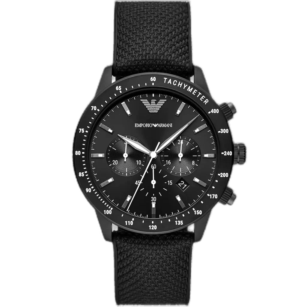Emporio Armani Mario AR11453 men's chronograph watch with an all-black dial and a black fabric strap.