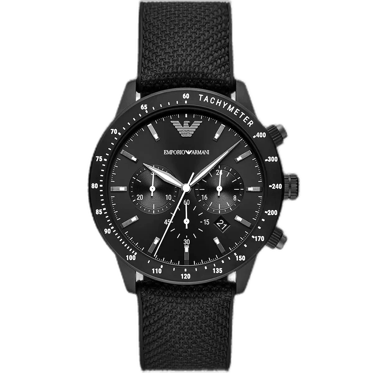 ساعة امبوريو ارماني للرجال AR1145301_nobg Emporio Armani Mario AR11453 men's chronograph watch with an all-black dial and a black fabric strap.