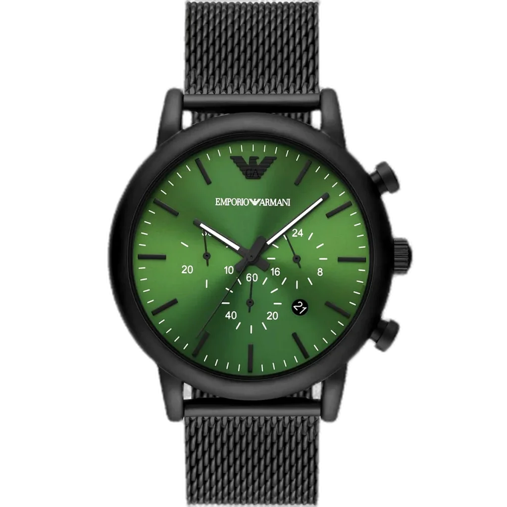 Emporio Armani Luigi AR11470 men's chronograph watch with a green dial and a black stainless steel strap.