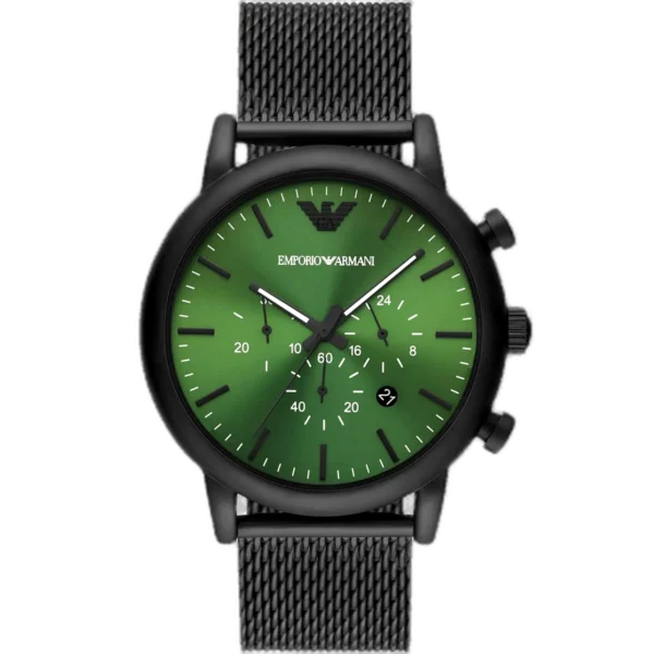 Emporio Armani Luigi AR11470 men's chronograph watch with a green dial and a black stainless steel strap.