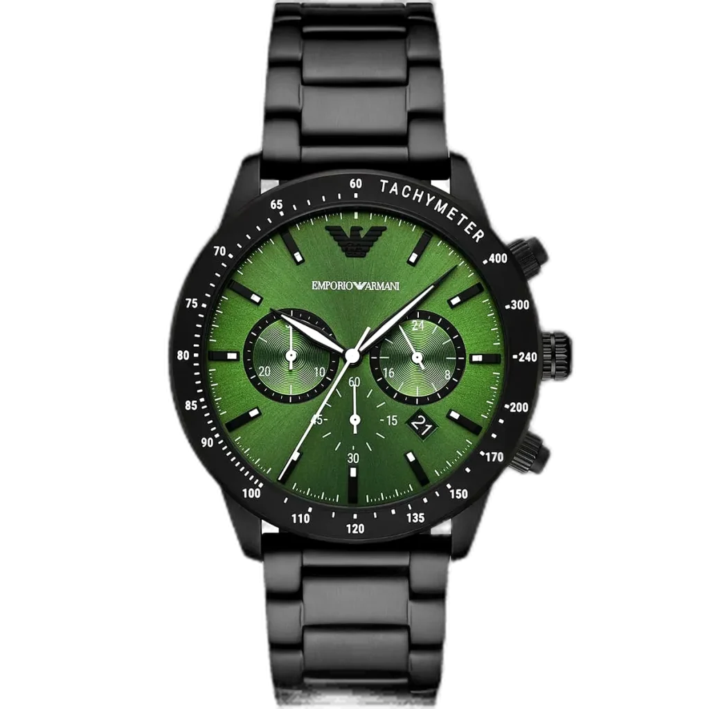 Emporio Armani Mario AR11472 men's chronograph watch with a green dial and a black stainless steel strap.