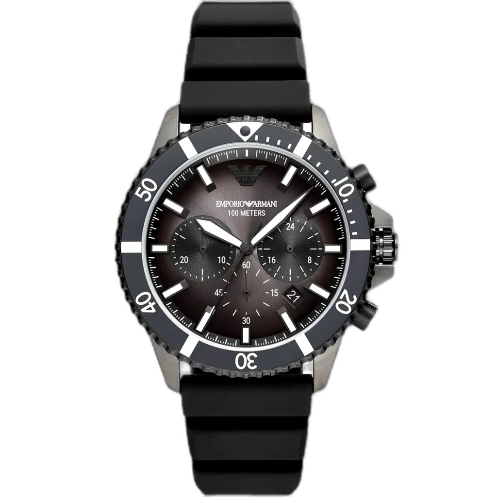 Emporio Armani Diver AR11515 men's chronograph watch with a gray dial and a black rubber strap.