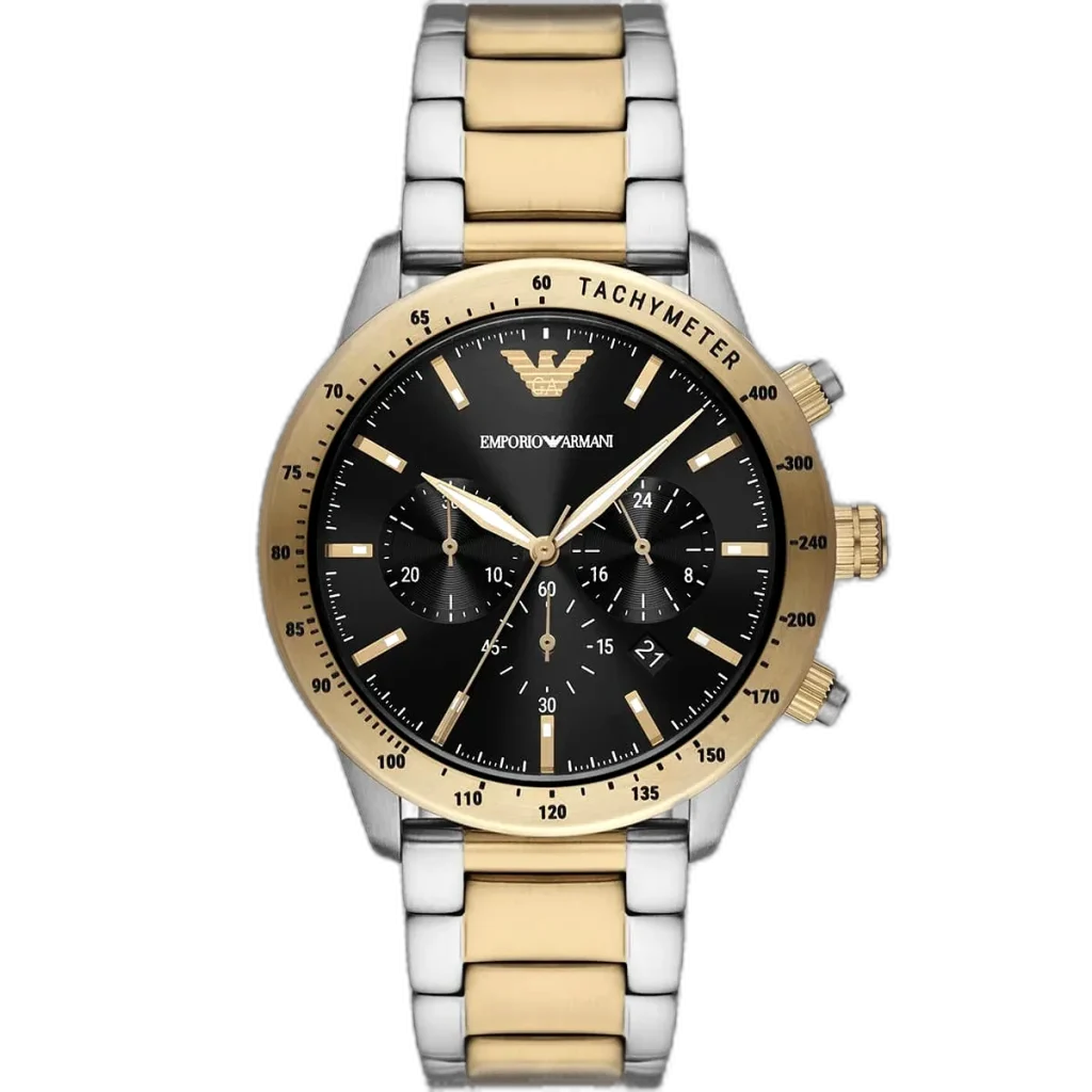 Emporio Armani Mario AR11521 men's chronograph watch with a black dial and a two-toned silver and black stainless steel strap.