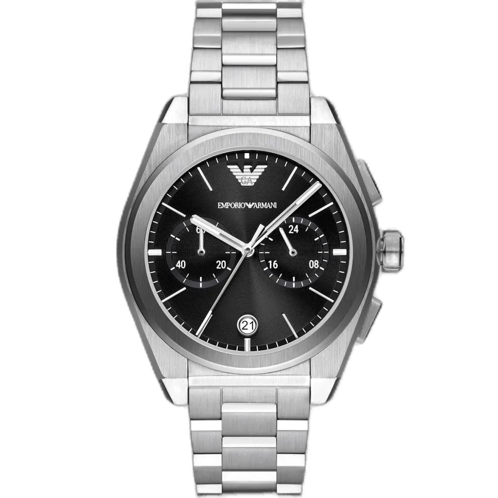 Emporio Armani Federico AR11560 men's chronograph watch with a black dial and a silver-toned stainless steel strap.