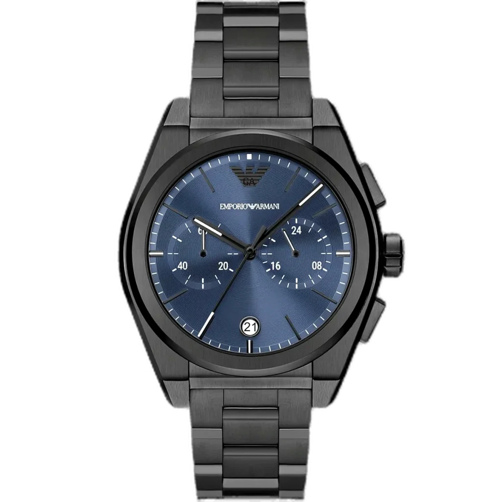 Emporio Armani Federico AR11561 men's chronograph watch with a blue dial and a black stainless steel strap.