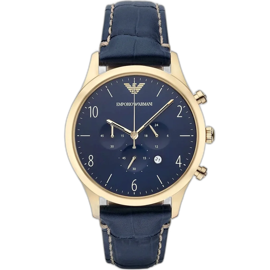 "Emporio Armani Beta Large AR1862 men's chronograph watch with blue dial and matching blue genuine leather strap."