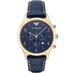 "Emporio Armani Beta Large AR1862 men's chronograph watch with blue dial and matching blue genuine leather strap."